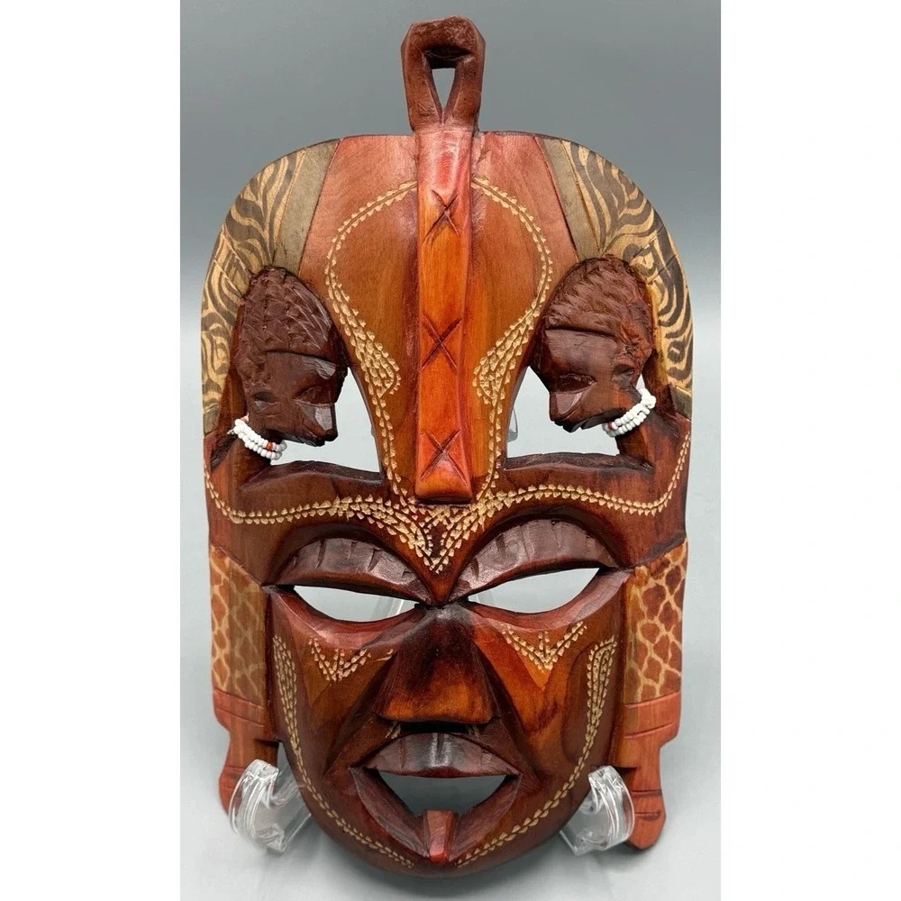 Vintage Hand Carved Wooden African Maasai Beaded Mask Kenya Wall Decor